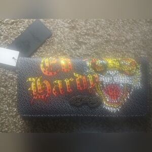 NWT Large Ed Hardy Graphic Rhinestone Wallet Black Orange Yellow Red White
